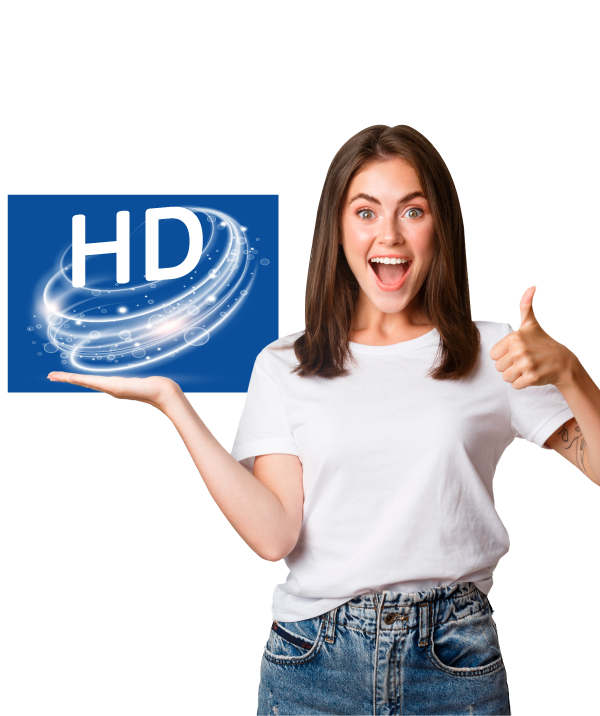 Mujer blanca sosteniendo un ícono de HD